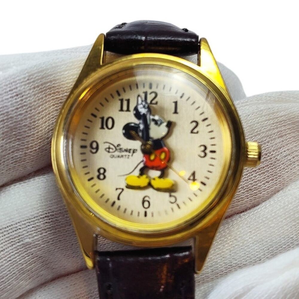 Disney Parks Mickey Mouse Petite Watch Gold Tone Brown Leather Small Face